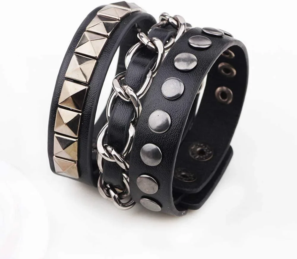 Läder armband med kedja, pyramid- och runda nitar - Bild 1
