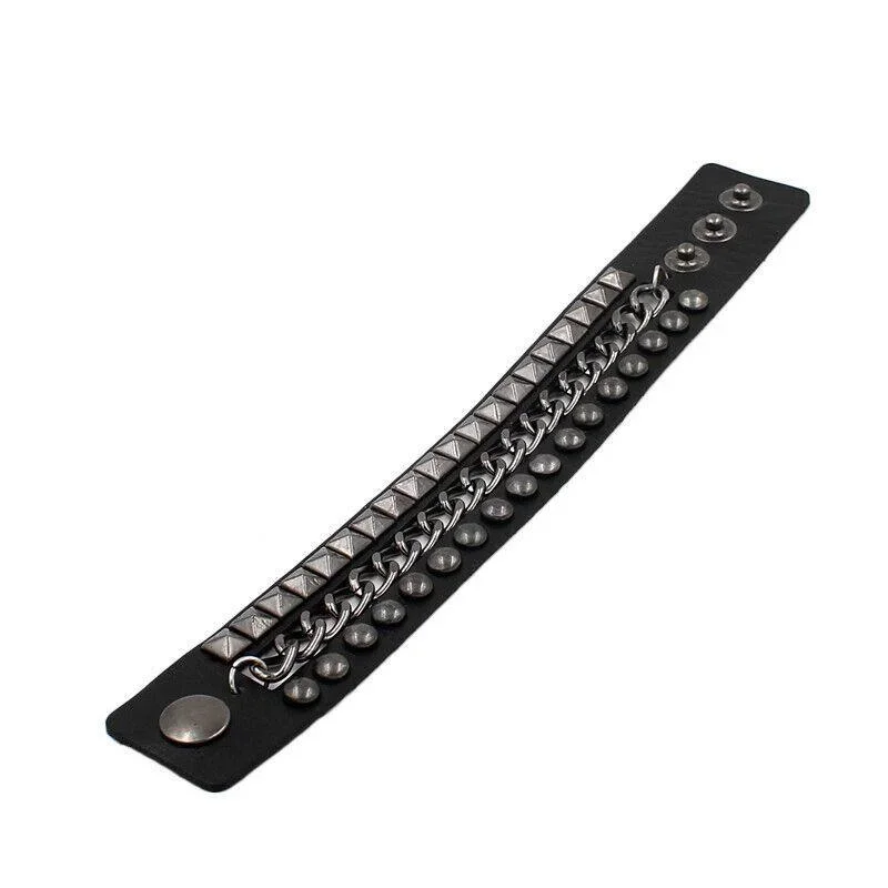 Svart Läder armband med kedja, pyramid- och runda nitar - Bild 3