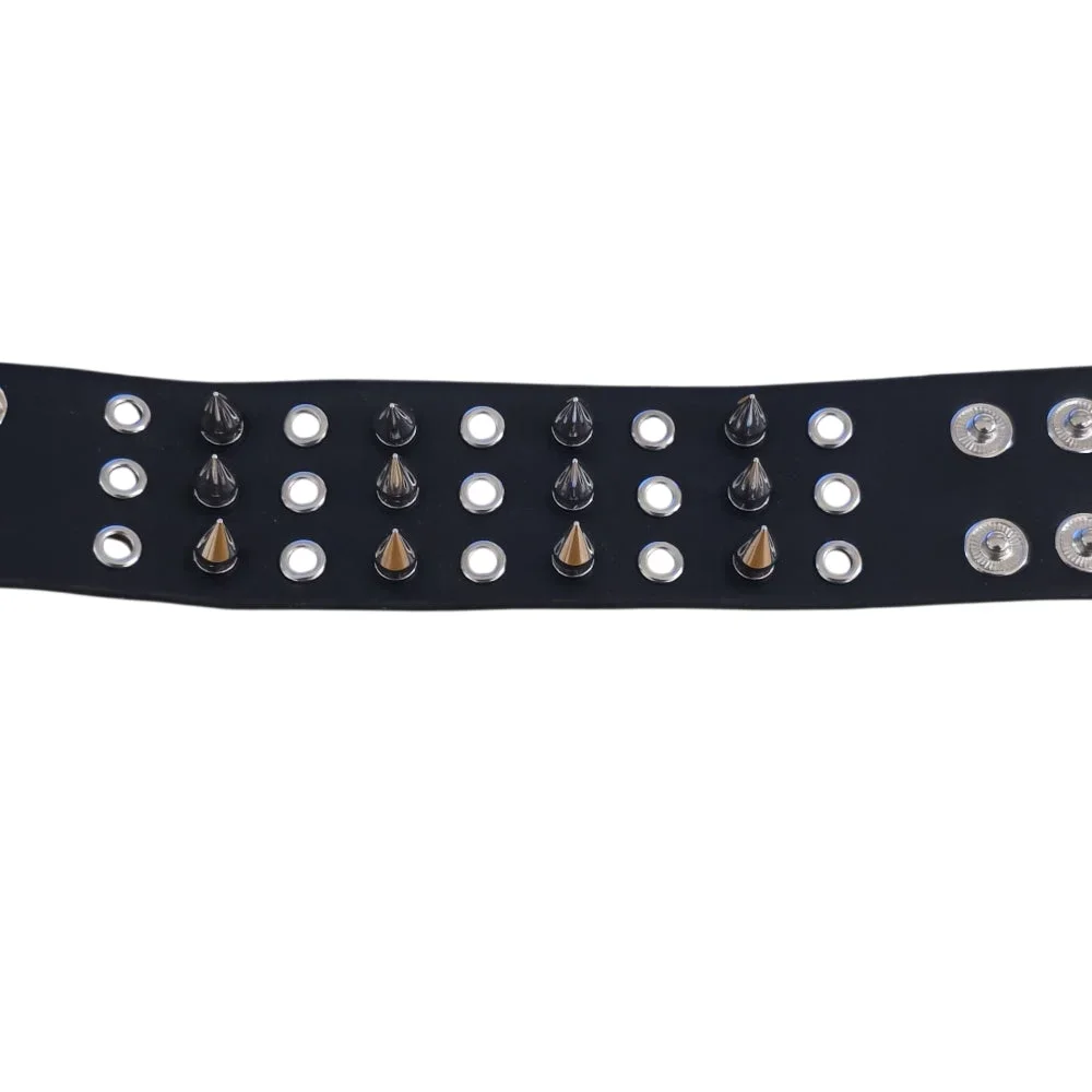 Bred nitarmband i svart läder med tre rader koniska spikes - Bild 3